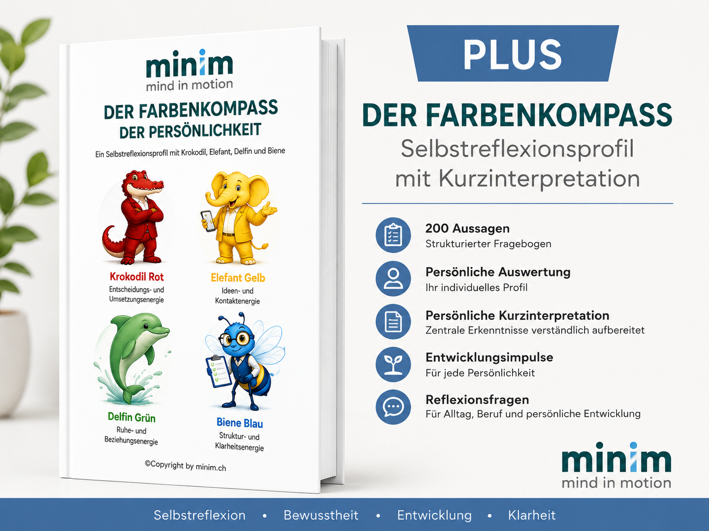 Der Farbenkompass PLUS: Originalabbildung des Selbstreflexionsprofils mit Krokodil Rot, Elefant Gelb, Delfin Grün und Biene Blau